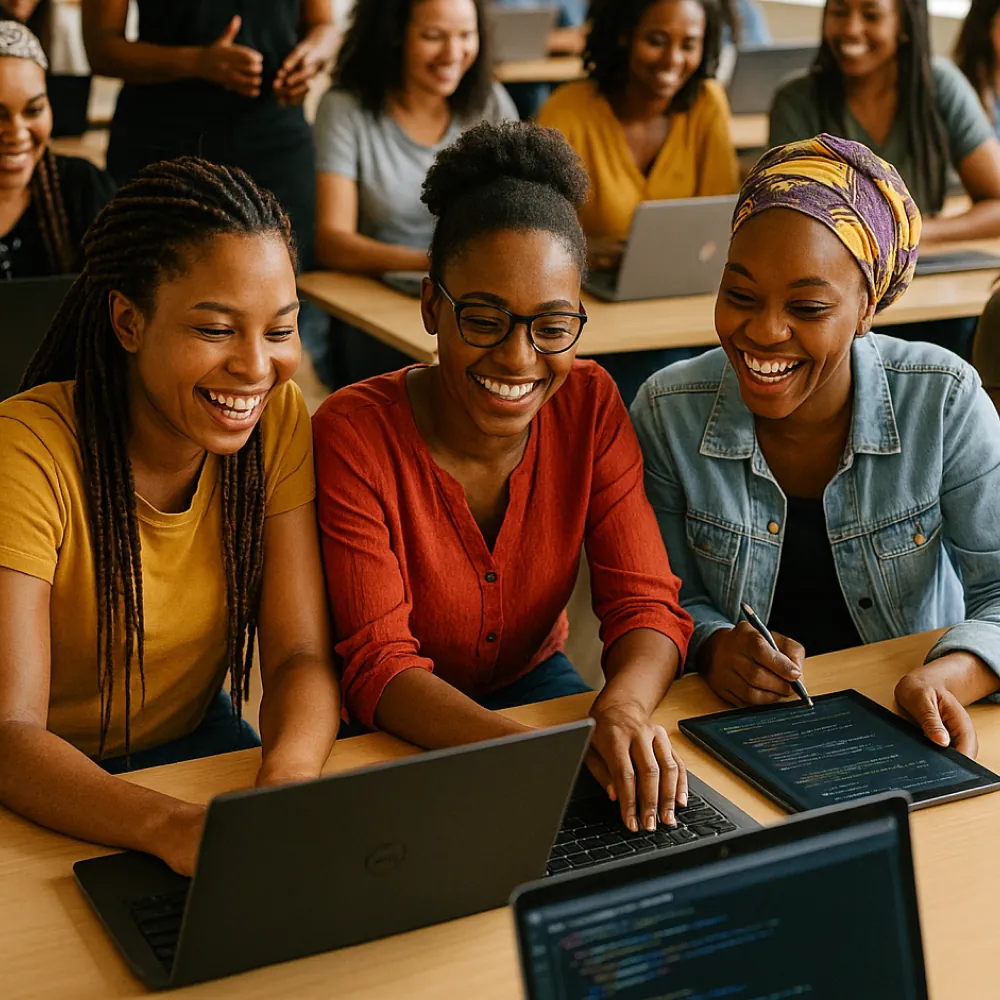Young women smiling while learning to code on laptops