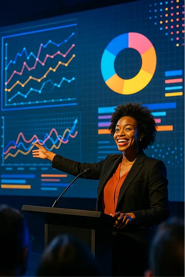 A woman presenting data on a large screen