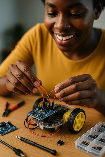 Young woman assembling a small robot
