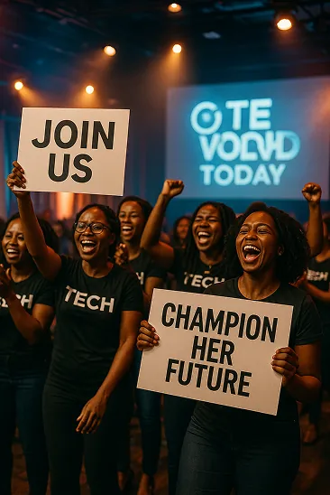 Young women holding signs supporting women in tech